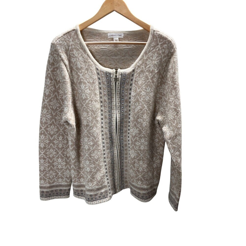 Coldwater Creek Cardigan Size XL Sweater Women's Beige Wool Blend Geometric